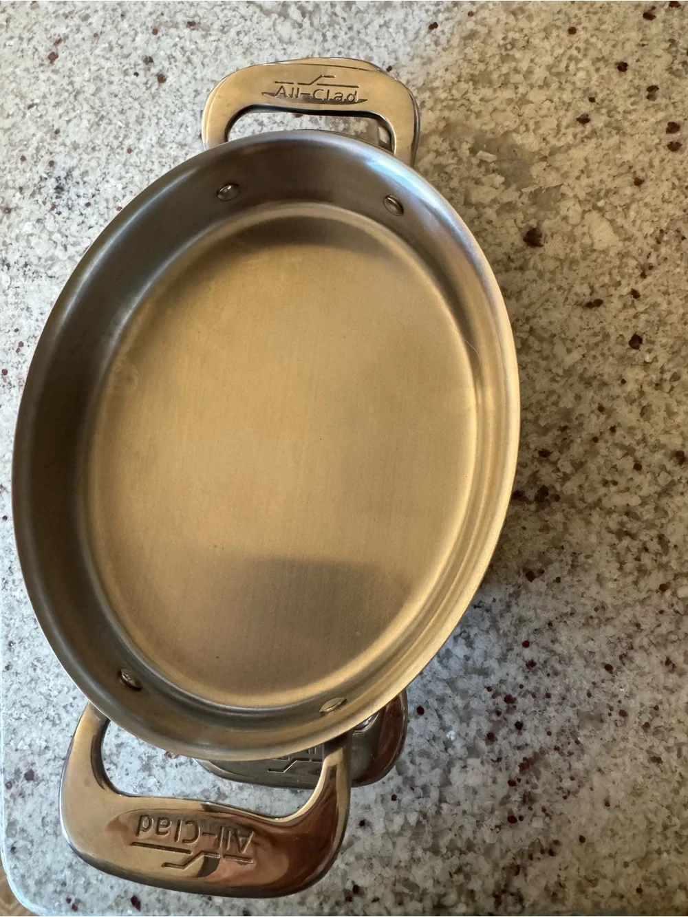 ALL CLAD MINI CASSEROLE PANS OVAL STAINLESS STEEL LIKE NEW CAPACITY IS 16 oz
